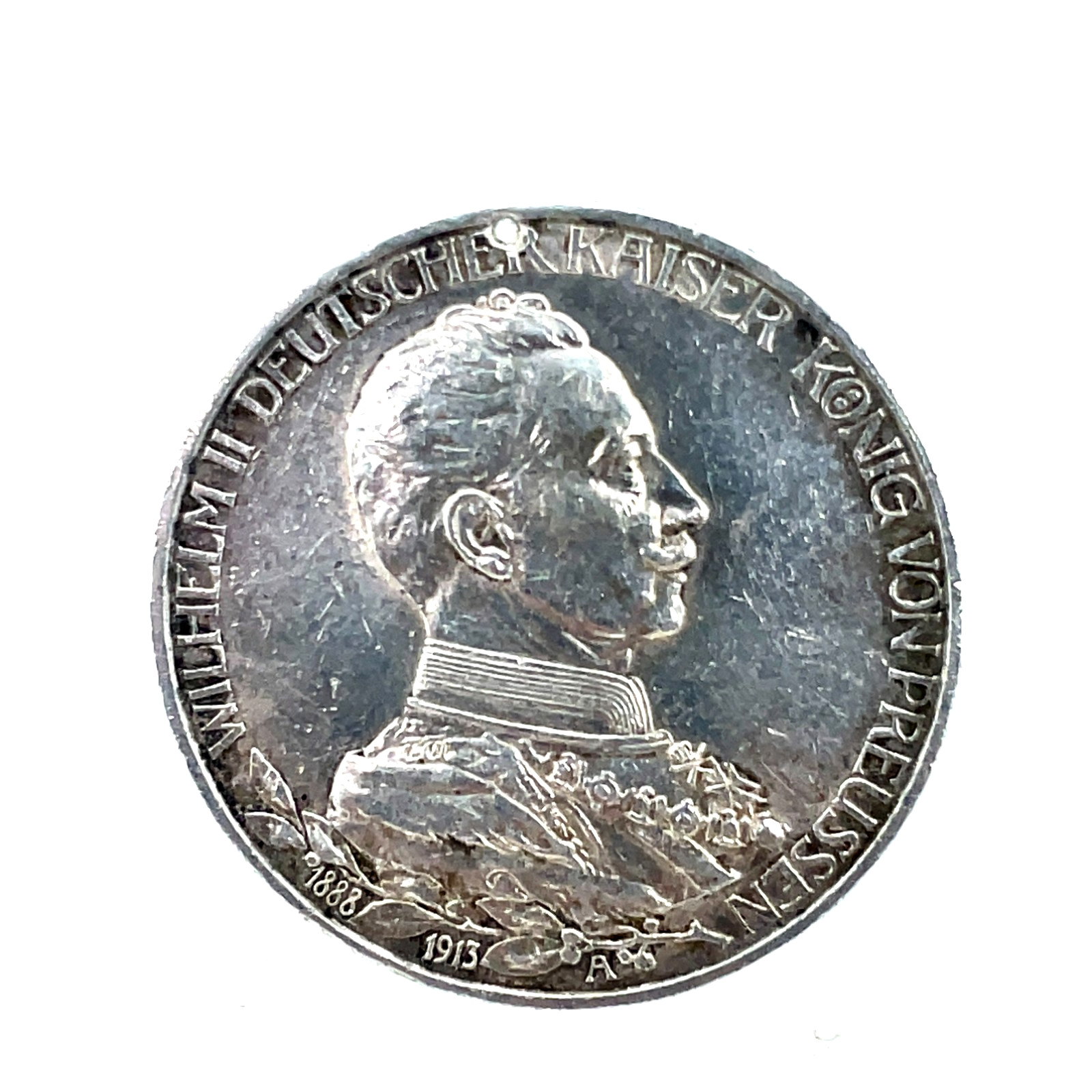 1913 A German States Prussia 3 Mark Kaiser Wilhelm II. 0.900 Silver Coin (Holed)