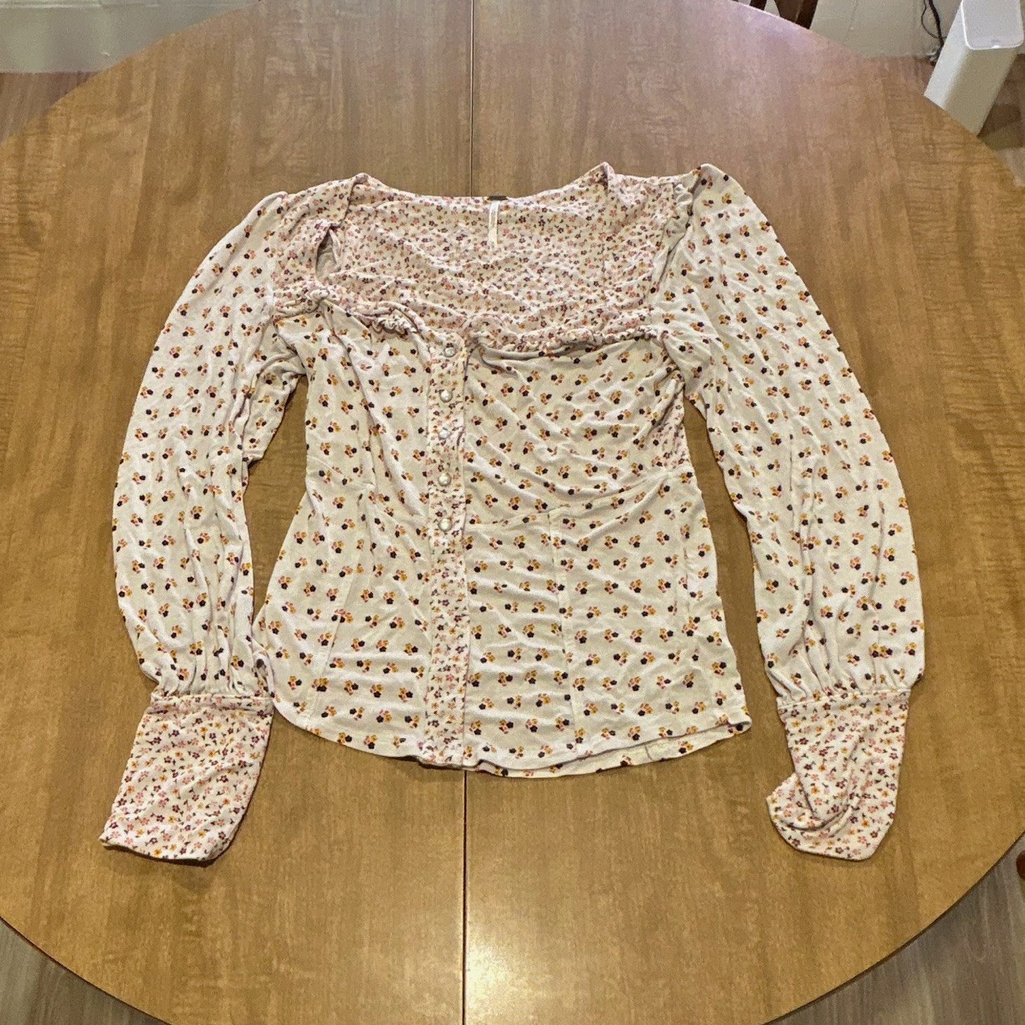 Free People Women\'s White Floral Smocked Square Neck Puff Sleeve Blouse M