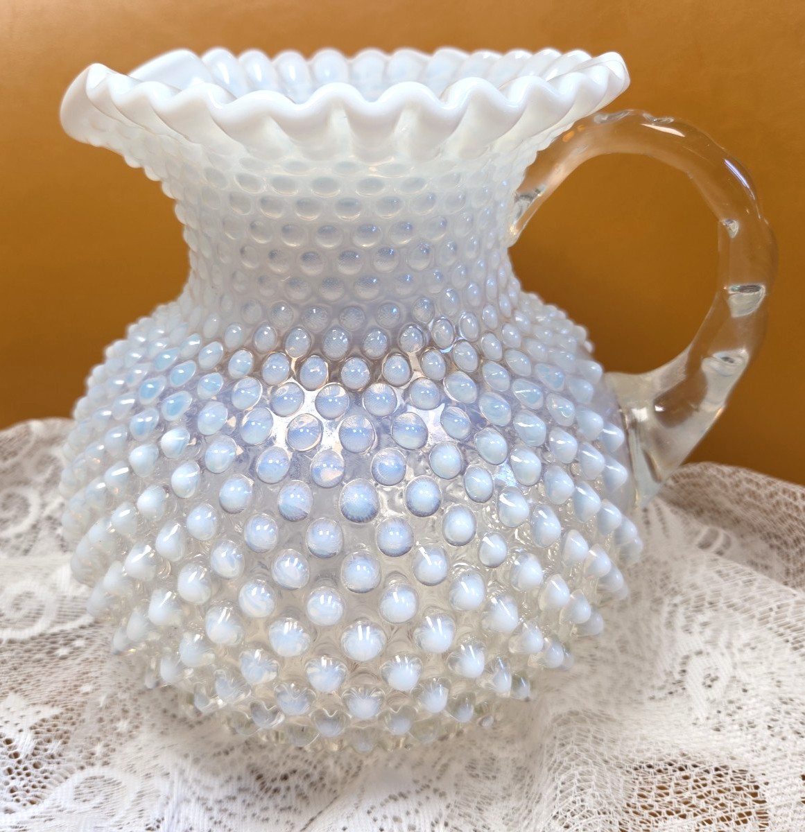 Vintage Fenton French art glass OPALESCENT HOBNAIL water pitcher ruffled rim
