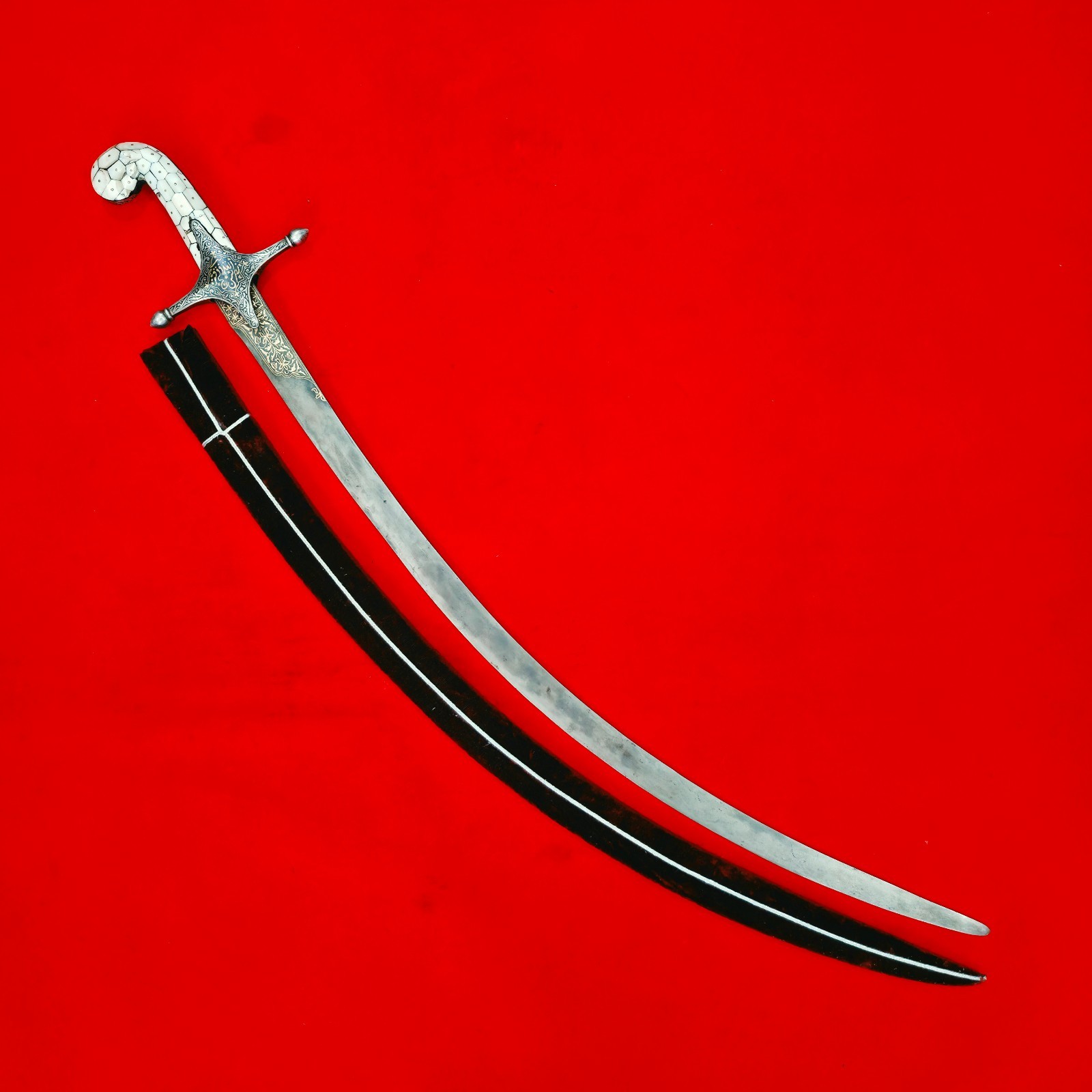 Vintage Indo-Persian Mughal Islamic Gold-Silver Koftgari Damascus Sword Shamshir