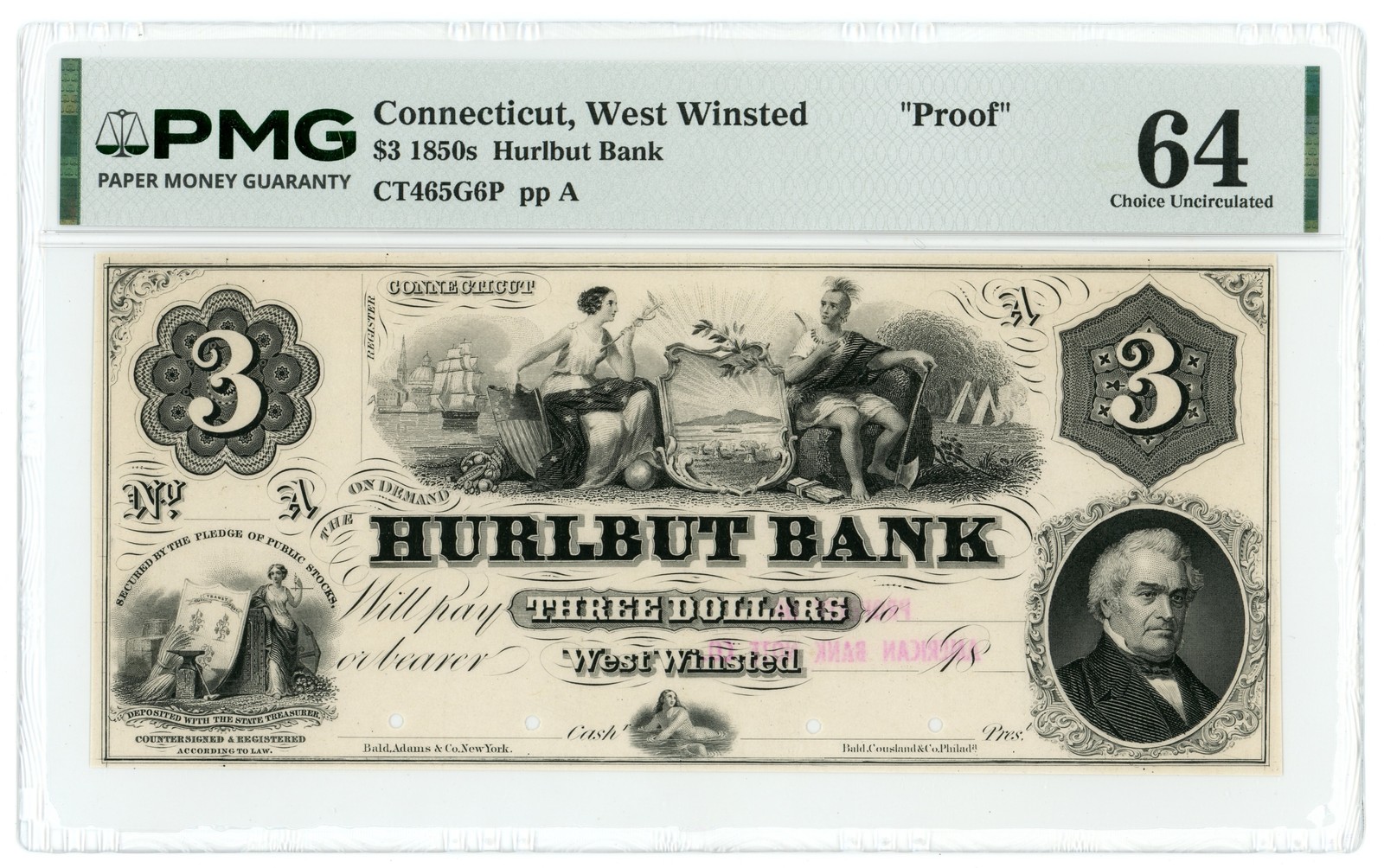 1850s Hurlbut Bank West Winsted Connecticut CT $3 Proof Note PMG 64 (67797) 1850s Hurlbut Bank West Winsted Connecticut CT $3 Proof Note PMG 64 (67797)