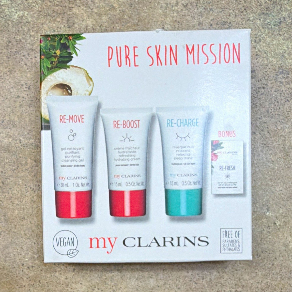 my CLARINS Pure Skin Mission Mini Vegan Face Set Cleanser Moisturizer Mask