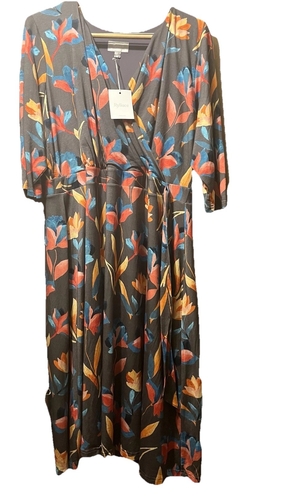 Plus Sz 2X RYLLACE Luxury Wrap Jersey Gray W Pink Blue Floral Dress 3/4 Sleeves