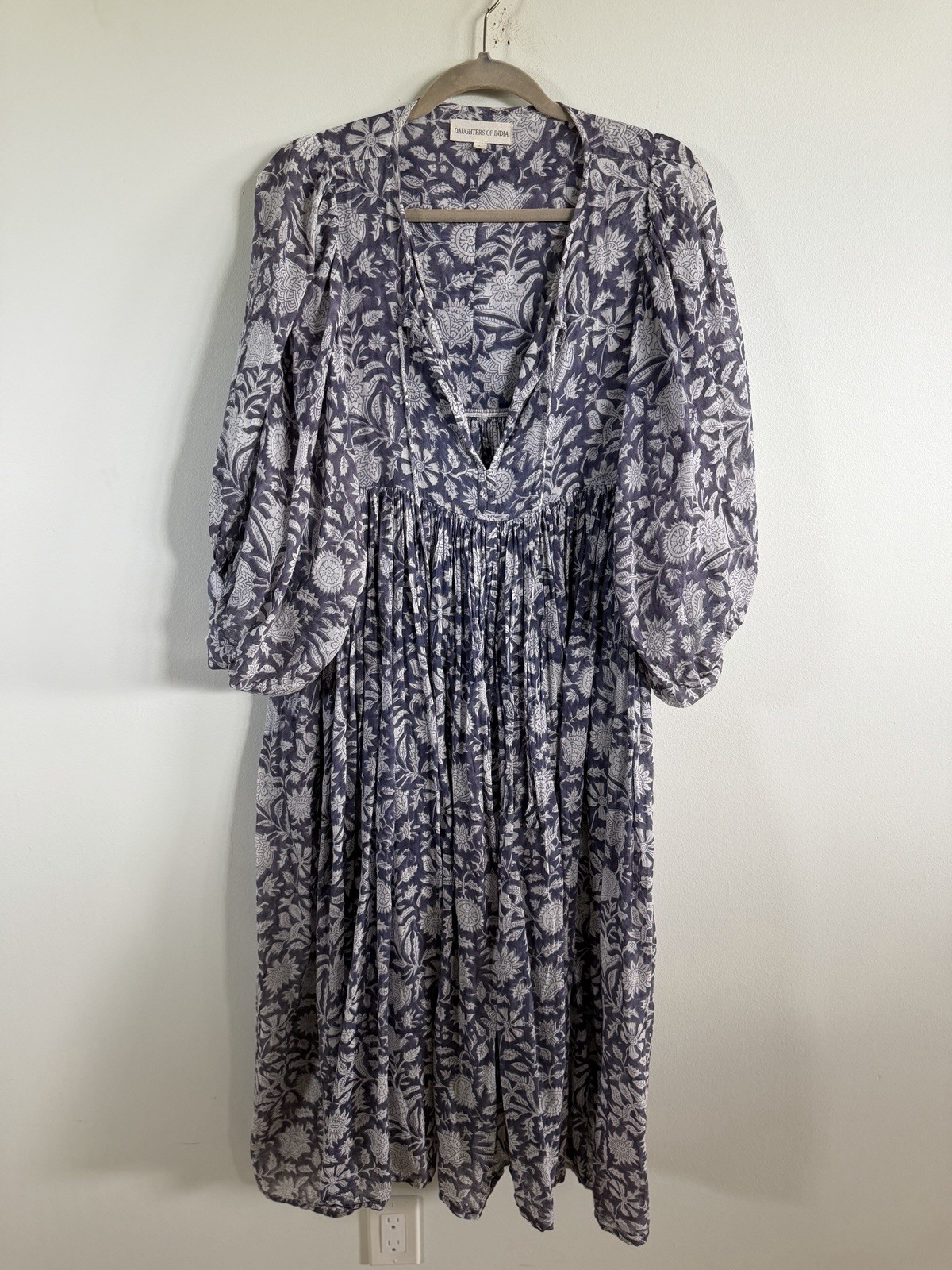 Daughters of India Dress Boho Peasant Blue Block Print Floral Large