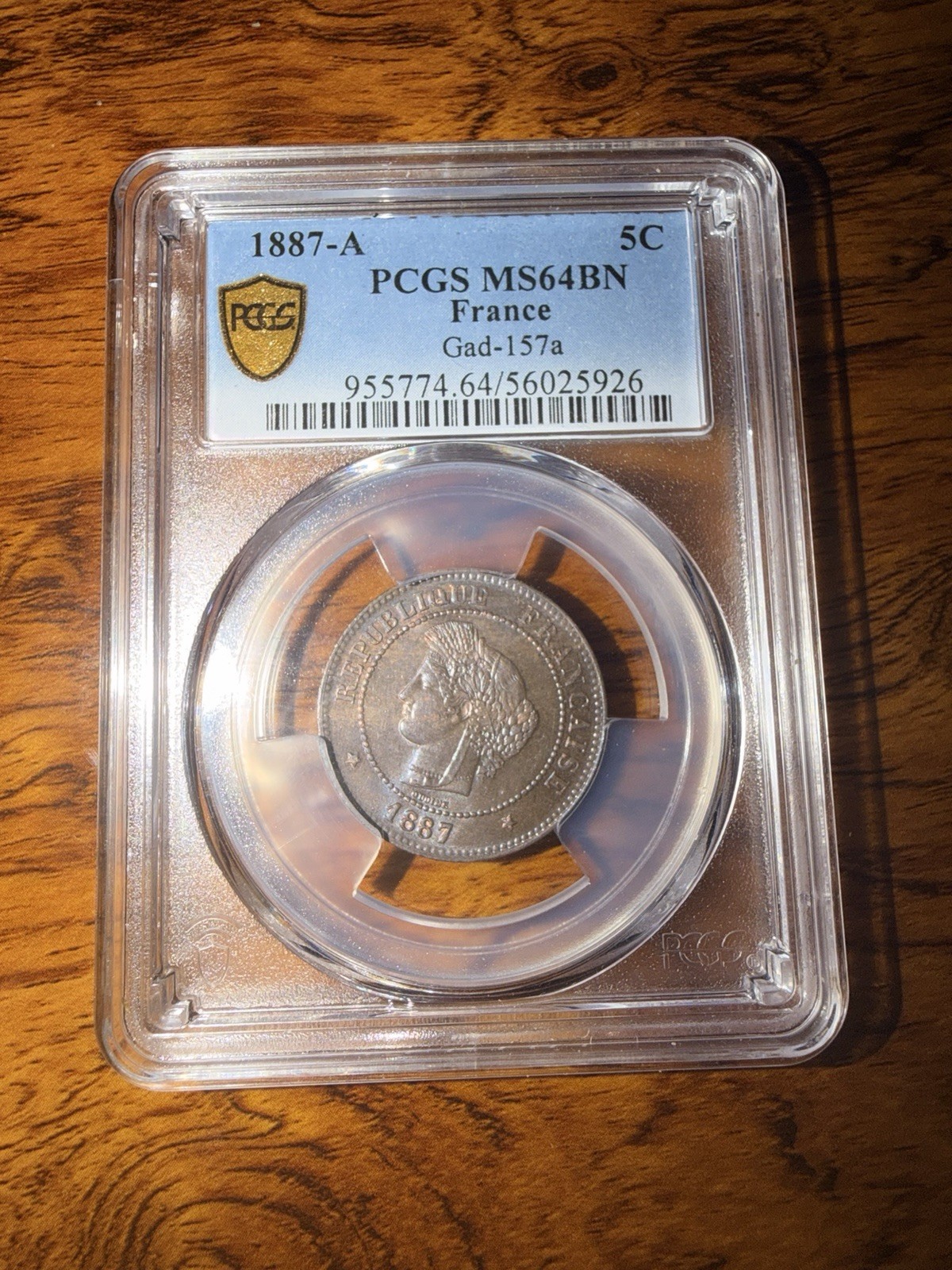 1887-A 5C Centimes France Gad-157a - PCGS MS64BN / Paris Mint / Gold Shield