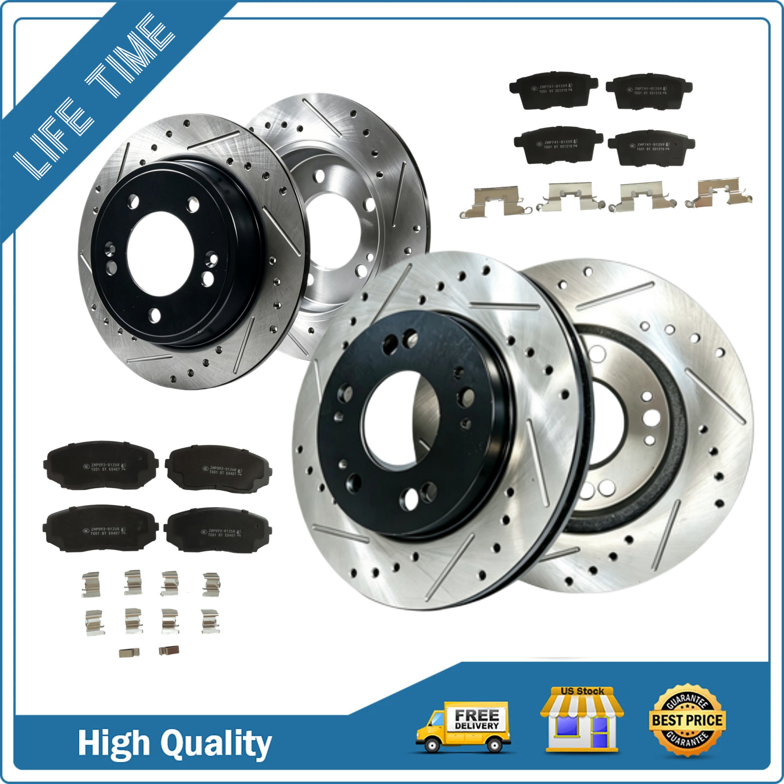 Front Rear Drilled and Slotted Rotors Ceramic Pads for 2007 - 2015 Mazda CX-9