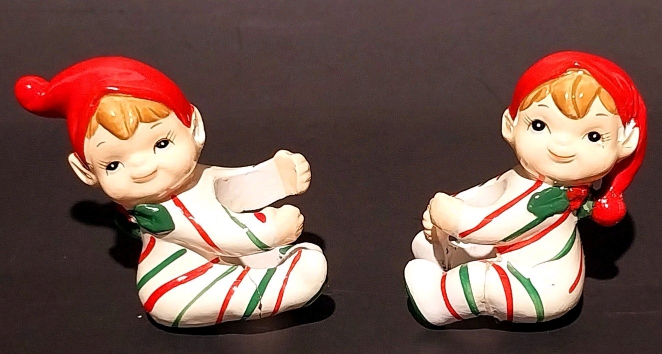VINTAGE LEFTON XMAS CANDY CANE STRIPE PIXIE ELVES CANDLE HUGGERS FIGURINES READ