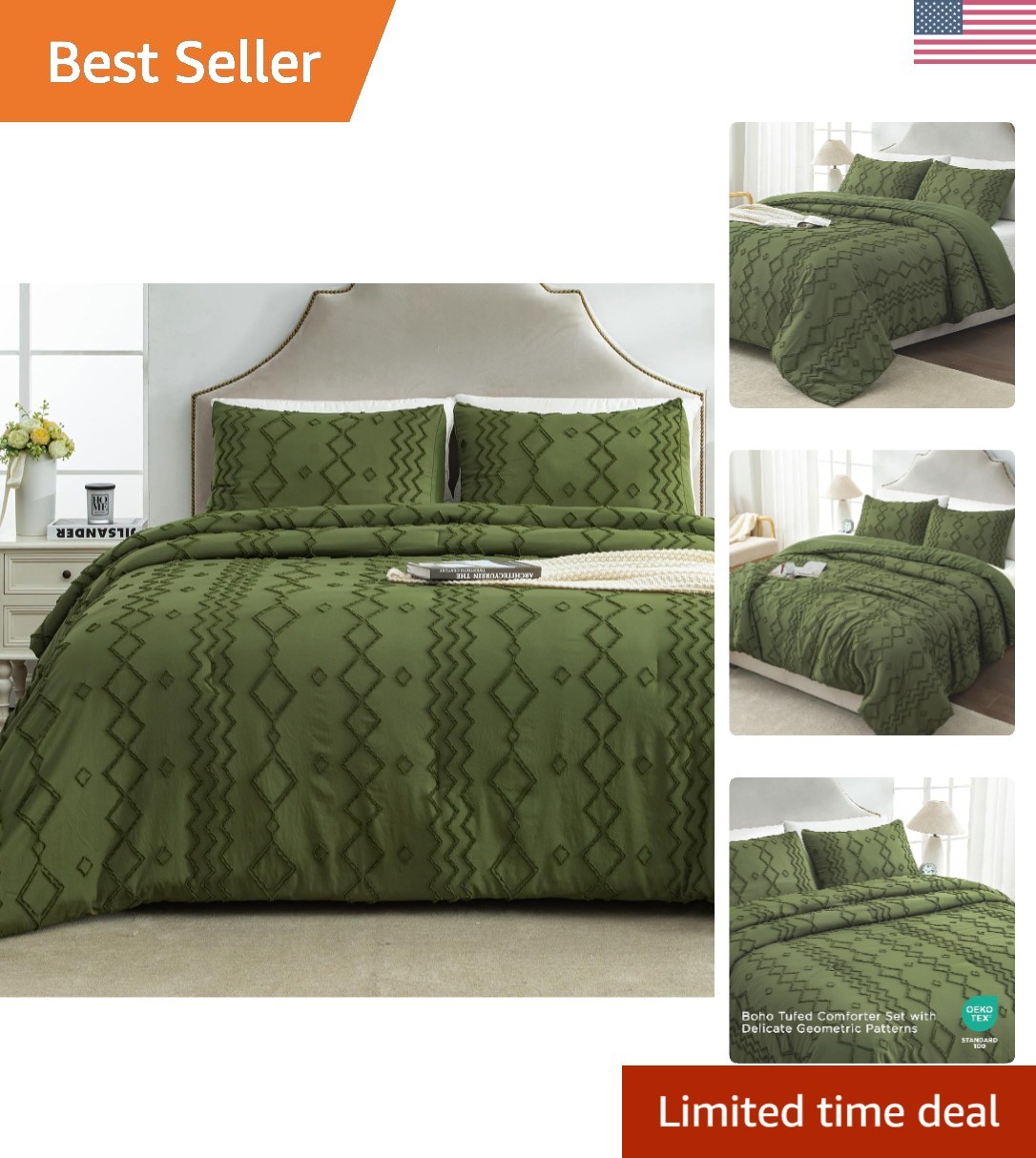 Elegant Olive Green 3-Piece Comforter Set - Cozy Tufted Bedding for All Seasons