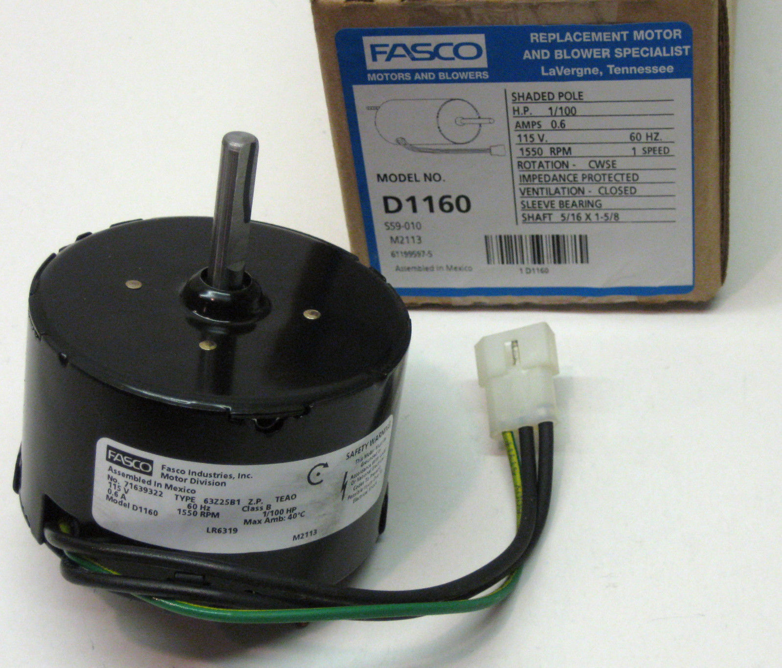 D1160 Fasco Bathroom Fan Vent Motor for 7163-2593 655 661 663 655N 668 763 768