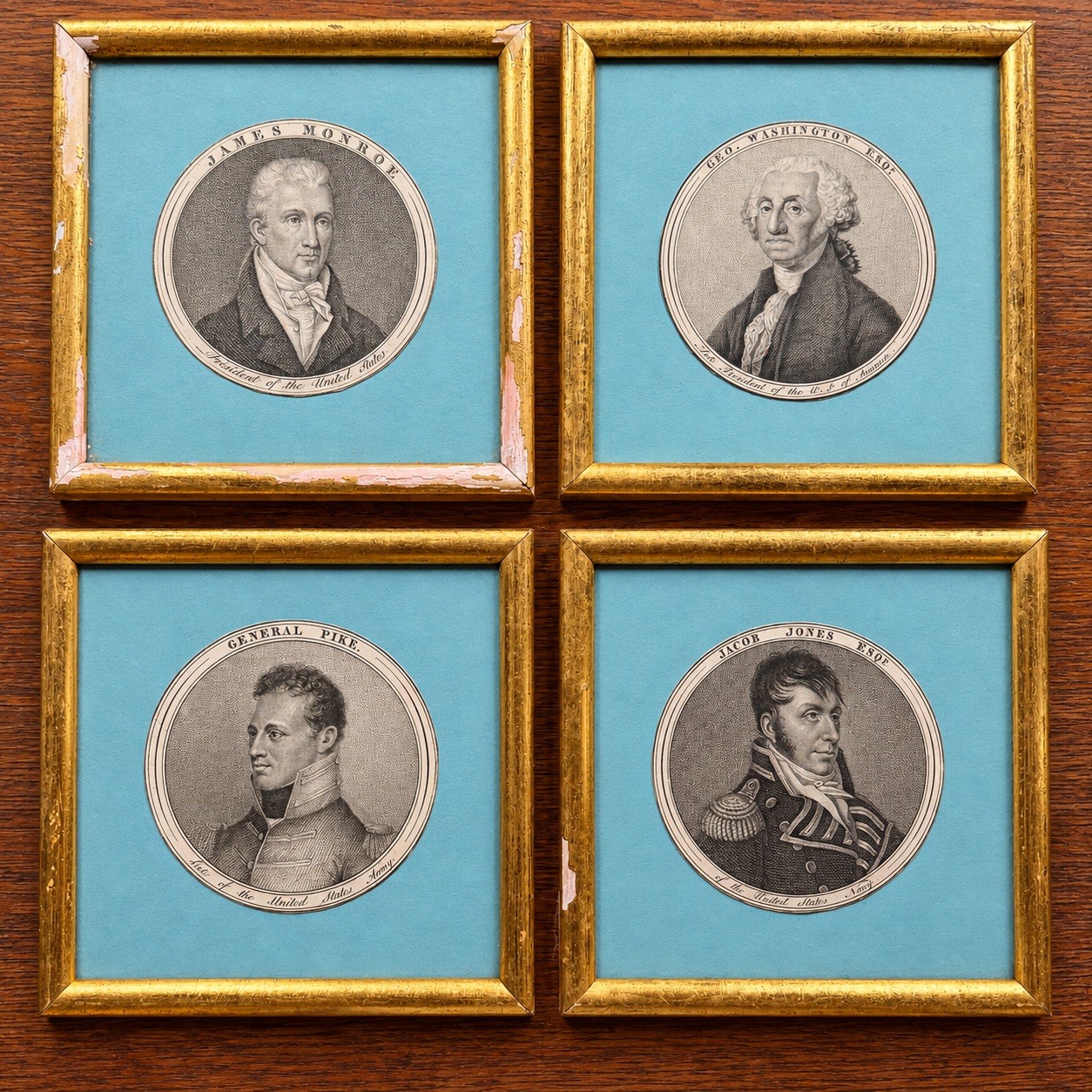 Antique c1817 American Portrait Engravings Set of 4 Washington Monroe Pike Jones