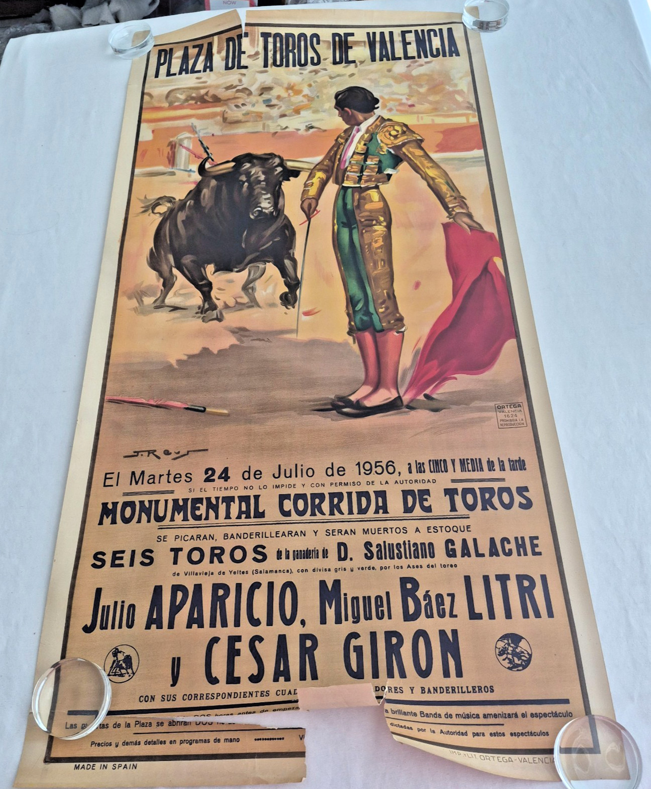 J. Reus original Bullfighting Poster at Plaza De Toros de Valencia 1956 21x 42\ J. Reus original Bullfighting Poster at Plaza De Toros de Valencia 1956 21x 42\