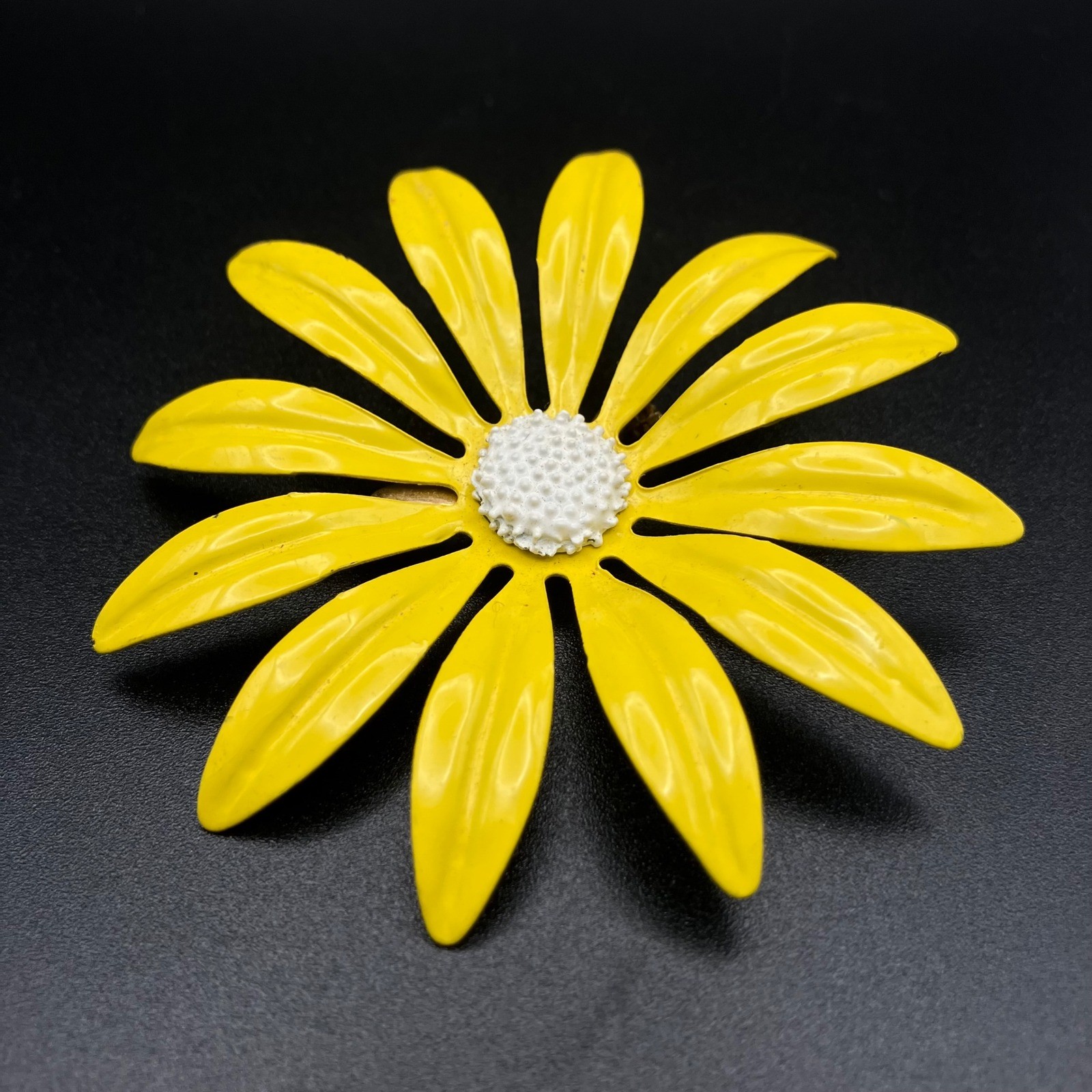 Vintage Enamel Flower Brooch Yellow White Daisy Floral Pin Large 3.25 Vintage Enamel Flower Brooch Yellow White Daisy Floral Pin Large 3.25