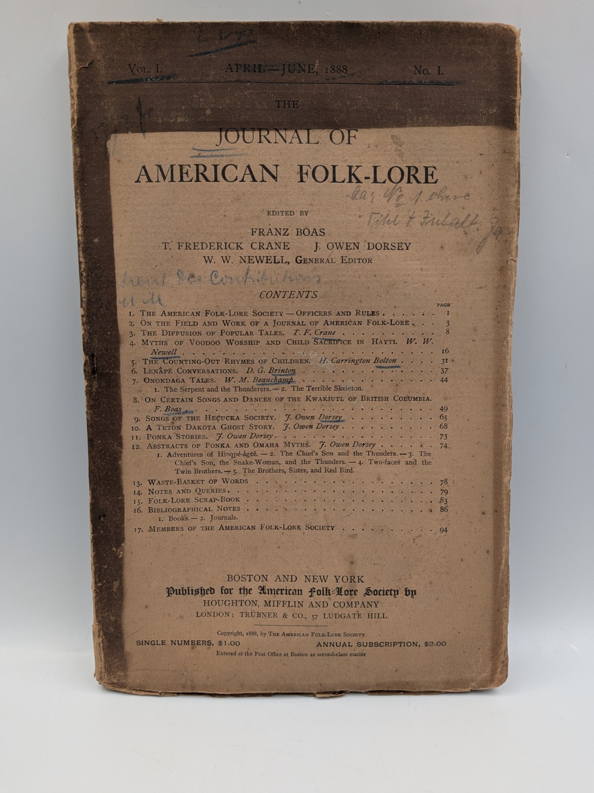 1888 Journal of American Folk-Lore Vol 1 No 1 Franz Boas J Owen Dorsey