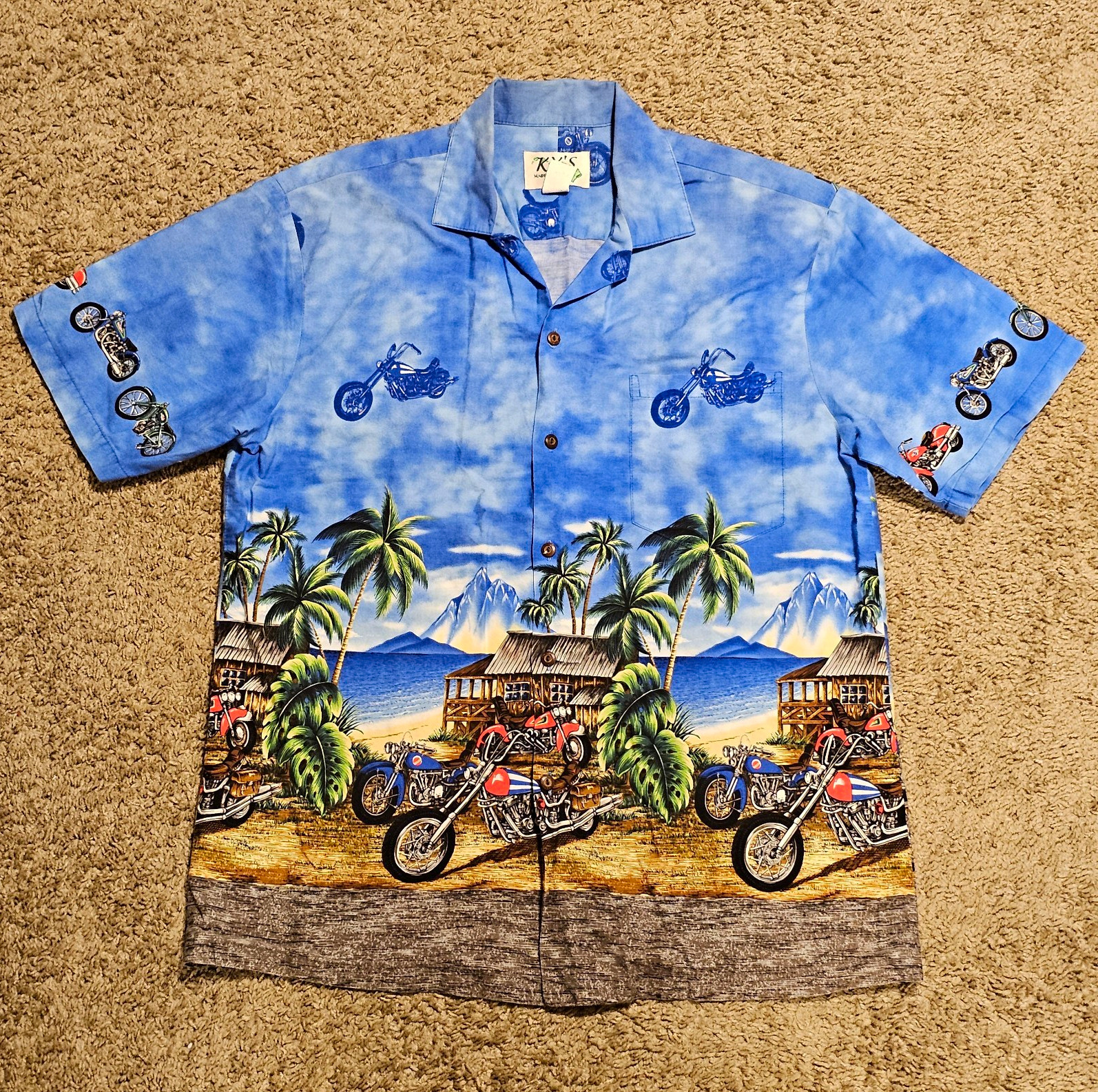 Vtg KY\'s Mens Hawaiian Motorcycle Graphic Print Button-Up Shirt Sz L USA Made Vtg KY\'s Mens Hawaiian Motorcycle Graphic Print Button-Up Shirt Sz L USA Made