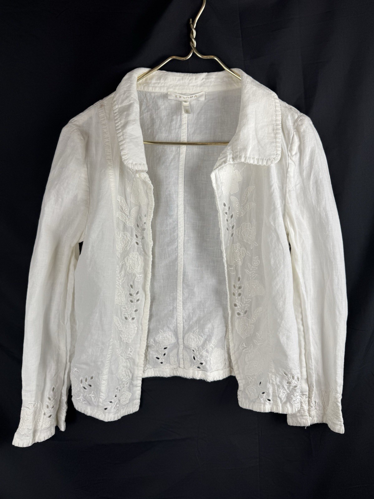 ESCADA White Linen Jacket Blazer Embroidered Eyelet Floral Lace German Sz M