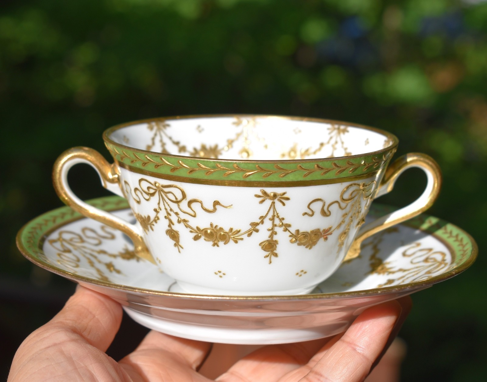 Antique 19thC Richard Klemm Dresden Cream Soup Cup Saucer Gold Encrusted Garland