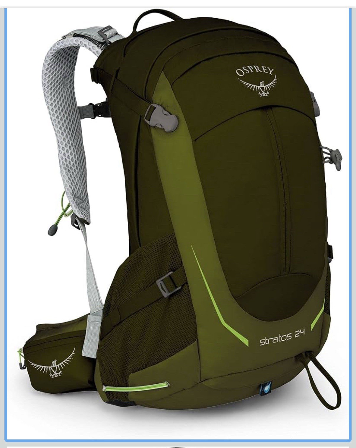 Osprey Stratos 24L Hiking Daypack Green Gray Rain Cover Hip Belt Vent