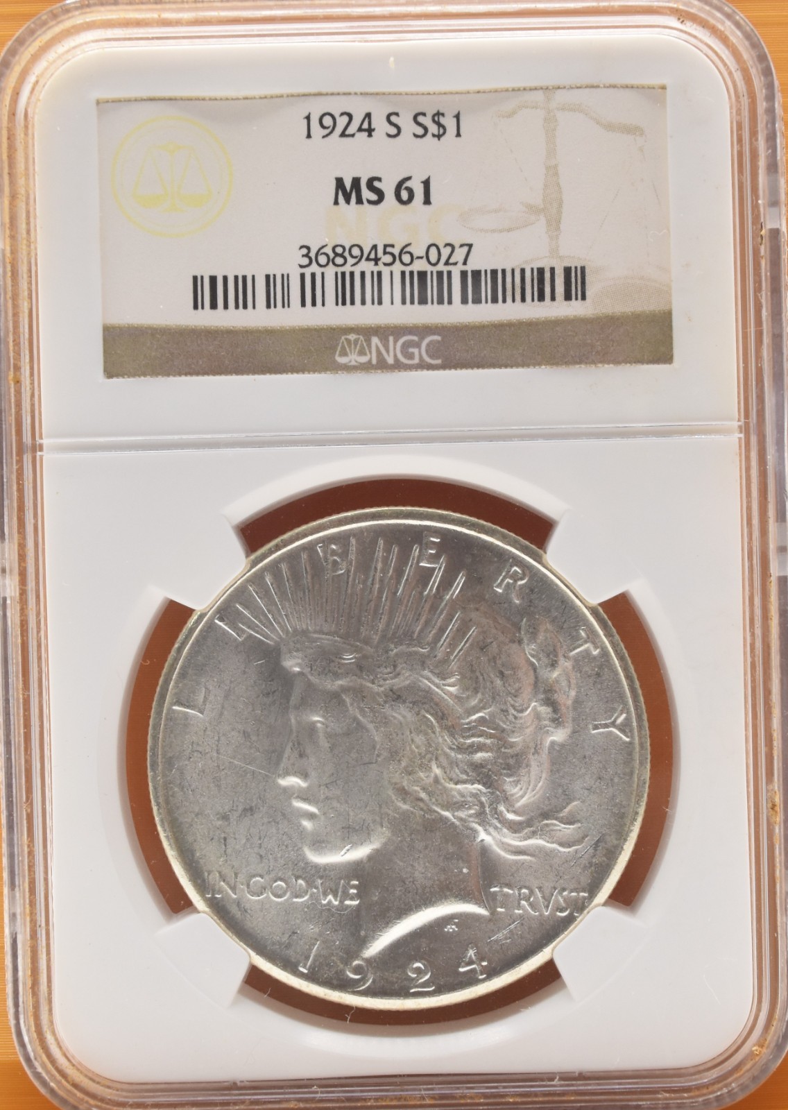 1924 S Silver Peace Dollar PCGS MS61 $1 Coin San Francisco UNC Blast White 1924 S Silver Peace Dollar PCGS MS61 $1 Coin San Francisco UNC Blast White