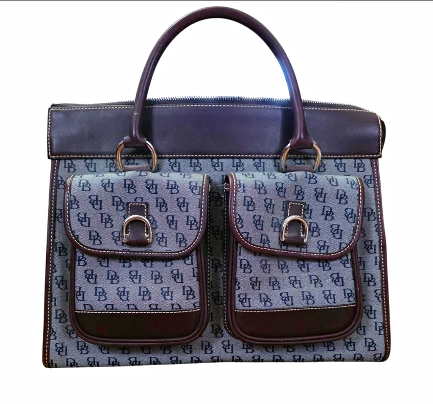 Dooney & Bourke Vintage Logo Satchel Top Handle Zip Pockets Silver Hardware Blue