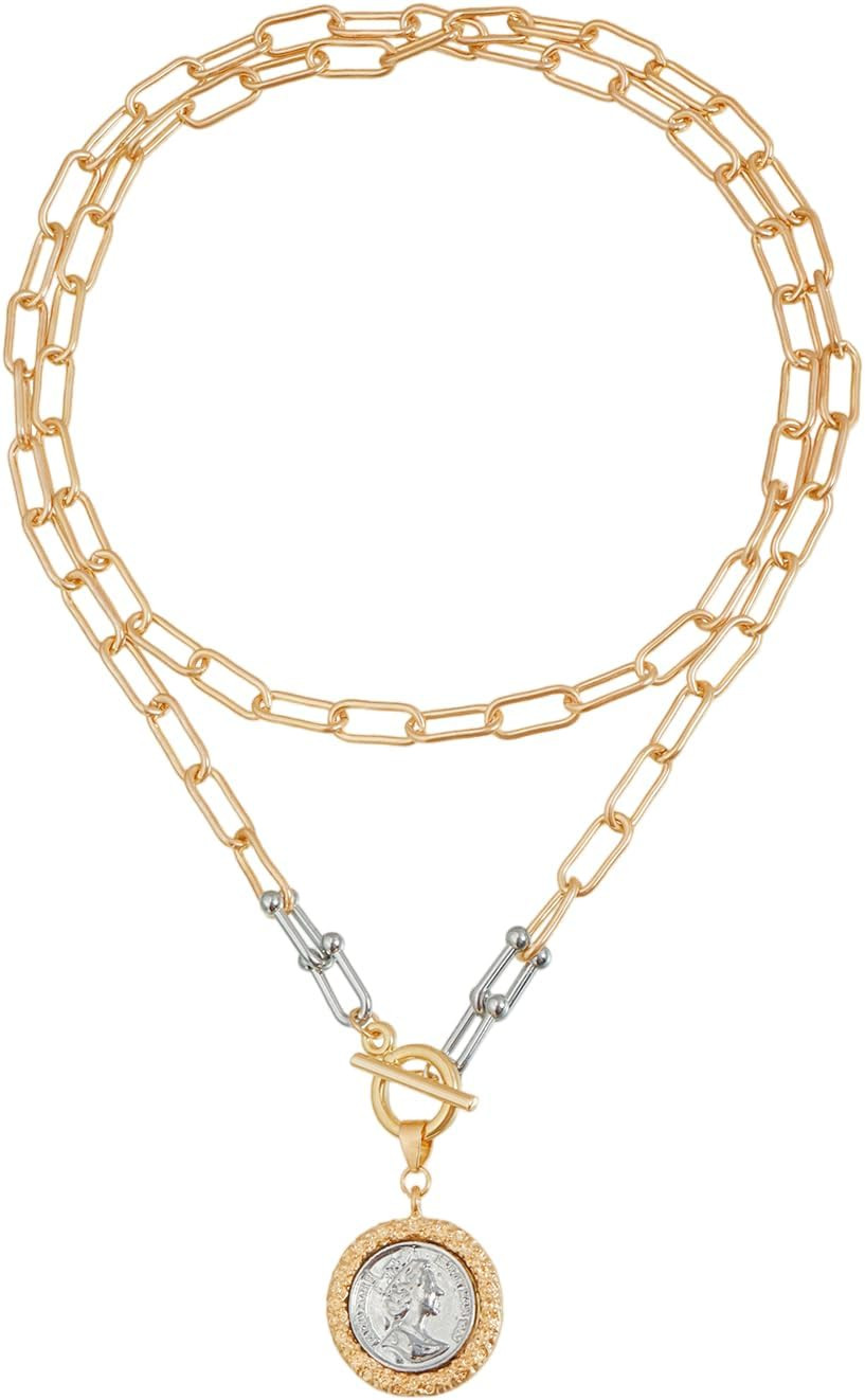 Chunky Gold Coin Necklace Women 18K Medallion Toggle Thick Chain Vintage Layered