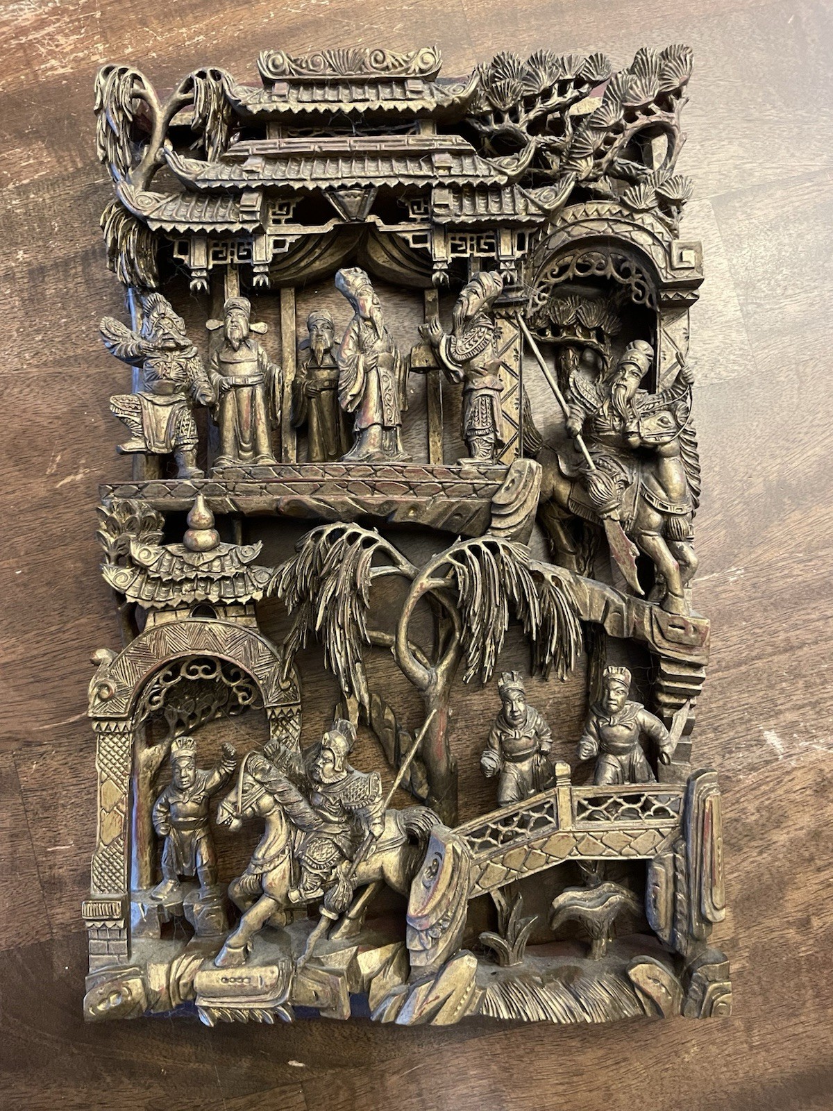 Vintage Chinese Hand-Carved Gilt Wood Relief Wall Plaque 15” x 9” AS-IS