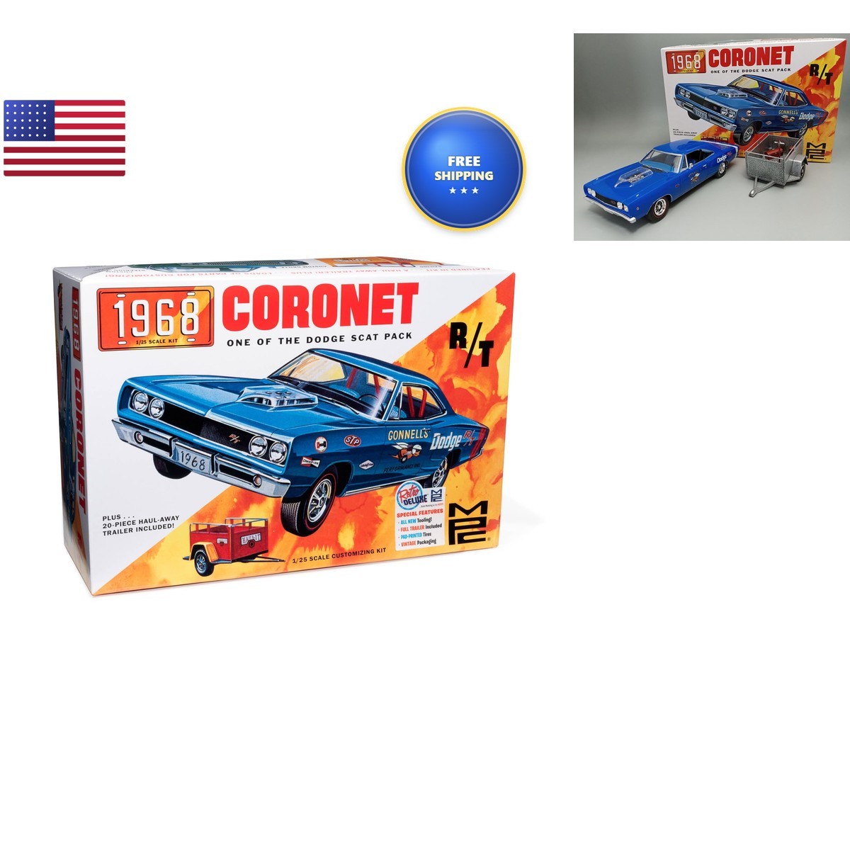 MPC 1968 Dodge Coronet Hardtop w/Trailer 125 Scale Model Kit MPC975