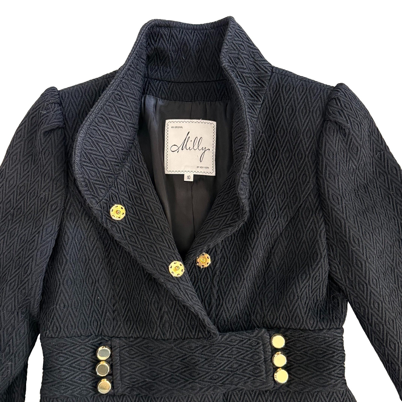 Milly New York Black 100% Wool Diamond Military Inspired Gold Button Coat Sz 10 Milly New York Black 100% Wool Diamond Military Inspired Gold Button Coat Sz 10