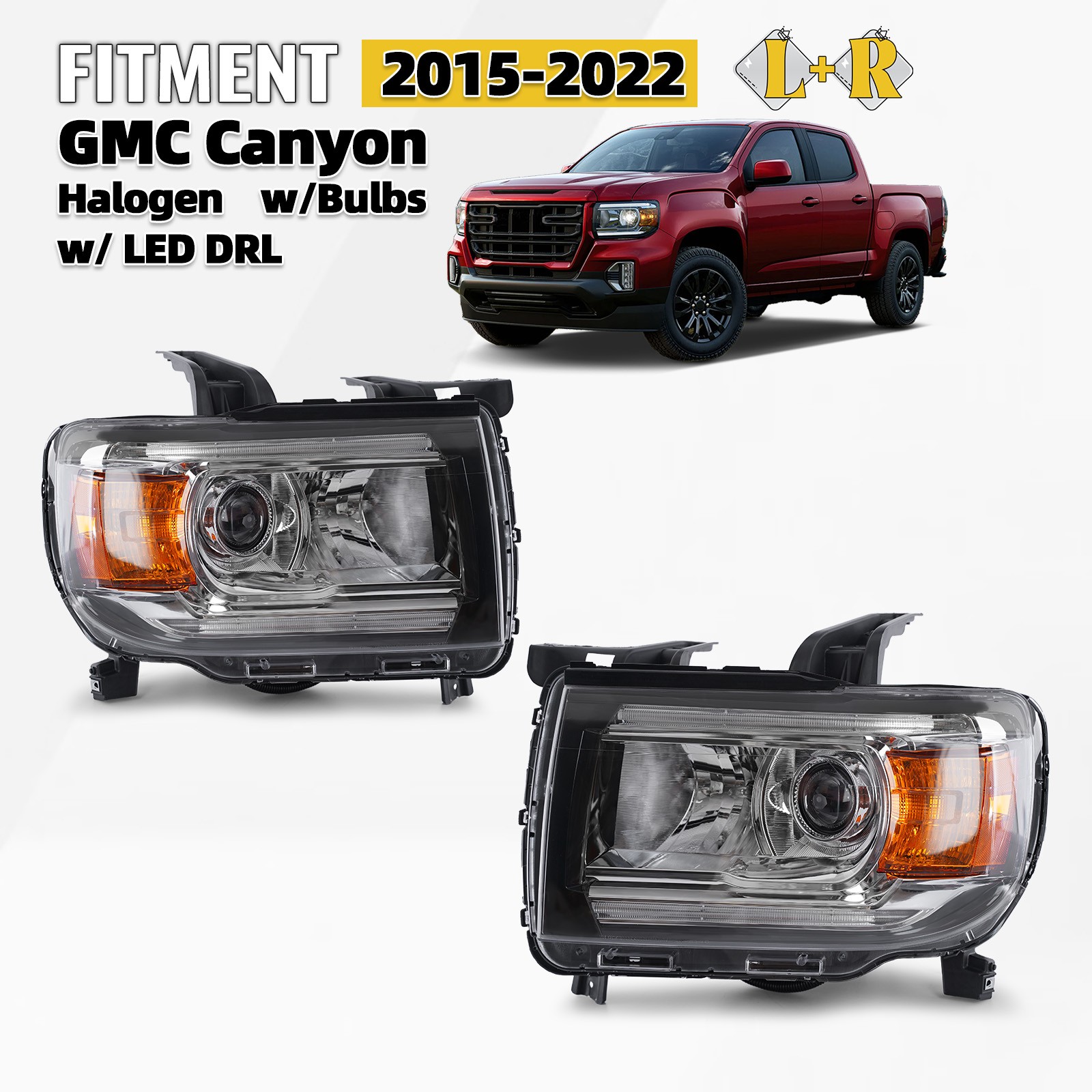 Halogen Headlight For 2015-2022 GMC Canyon W/ LED DRL Projector Left & Right