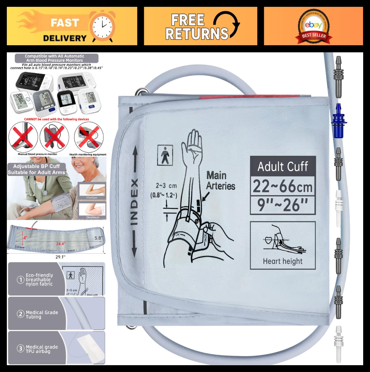 Extra Large Blood Pressure Cuff 9”-26” Compatible with Omron BP Monitor, 7 Conne