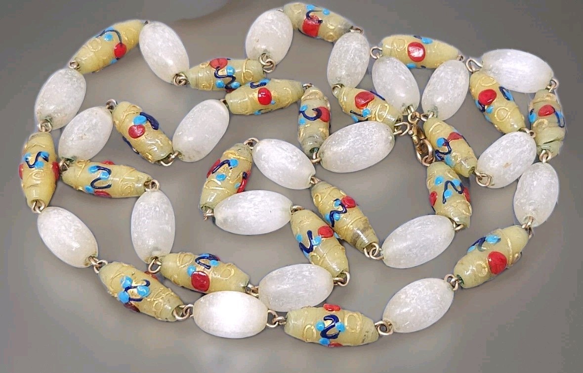 Vintage Venetian Glass Wedding Cake Bead Necklace 30\ Vintage Venetian Glass Wedding Cake Bead Necklace 30\