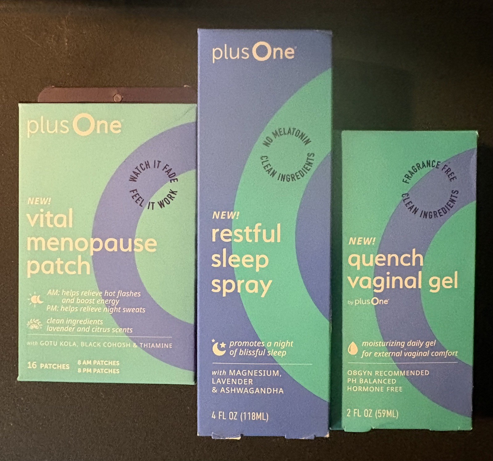 plusOne Quench Vaginal Moisturizer Gel 2 floz & Menopause Patch 16ct + Sleep NEW