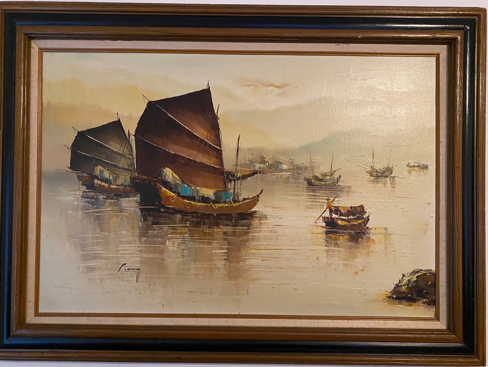 Vintage P. Wong Signed Chinese Junk Boats Oil Painting - 24x36 Fram Harbor Scene Vintage P. Wong Signed Chinese Junk Boats Oil Painting - 24x36 Fram Harbor Scene