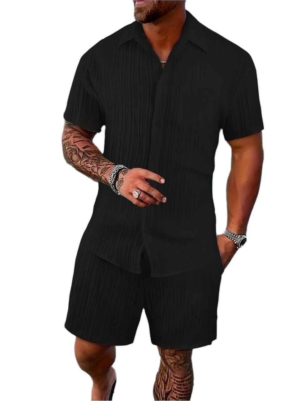 Men\'s Tropical Vacation Short Sleeve Button Down Shirt and Shorts Matching Se...
