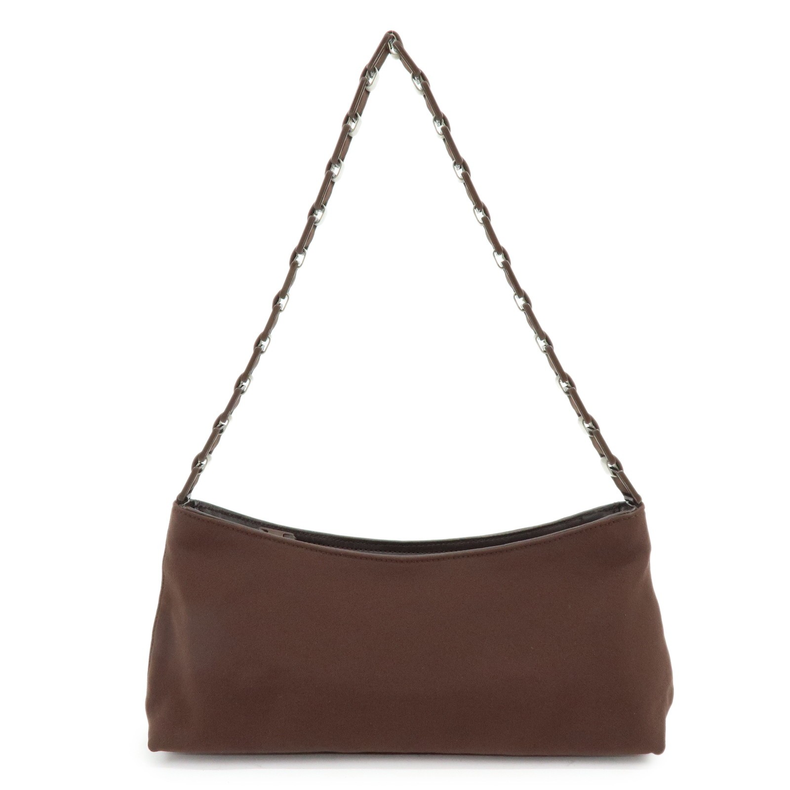Ferragamo Varra Nylon Leather Chain Shoulder Bag Tote Brown Authentic Pre-owned