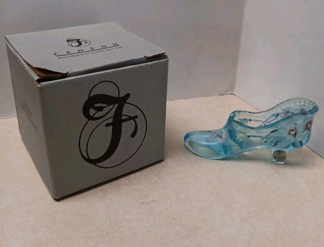 Fenton 95th Anniversary Blue Glass Slipper Shoe Hand Painted Tulips Colonial Art Fenton 95th Anniversary Blue Glass Slipper Shoe Hand Painted Tulips Colonial Art