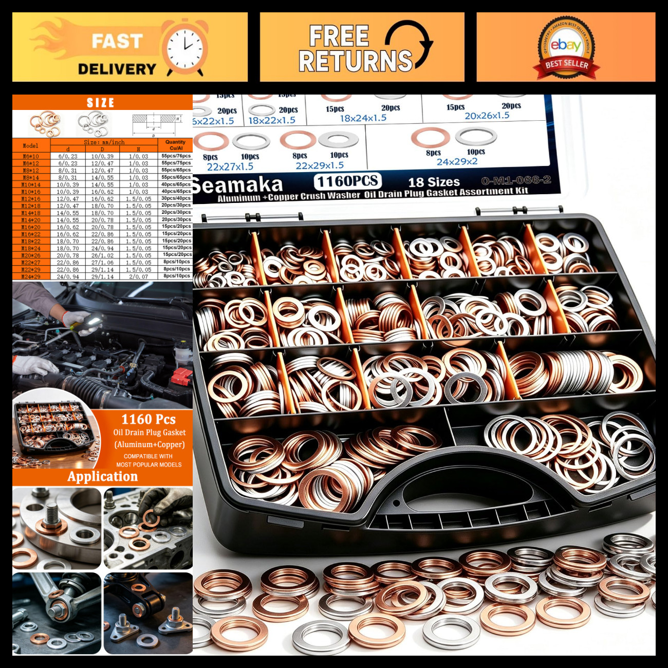 1160PCS Oil Drain Plug Crush Washers Kit - 18 Sizes Copper & Aluminum Gaskets 1160PCS Oil Drain Plug Crush Washers Kit - 18 Sizes Copper & Aluminum Gaskets