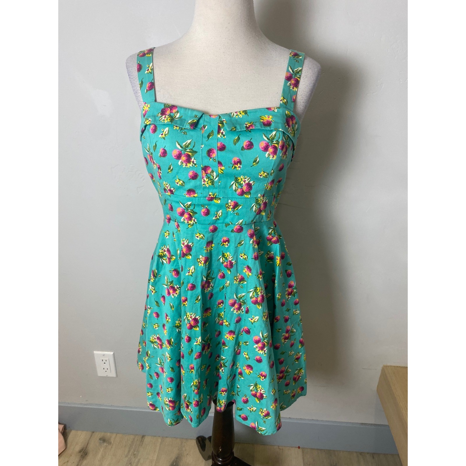 Vintage IXIA Teal Fruit Floral Fit Flare Dress 90s Y2K Sweetheart Tie Back USA Vintage IXIA Teal Fruit Floral Fit Flare Dress 90s Y2K Sweetheart Tie Back USA