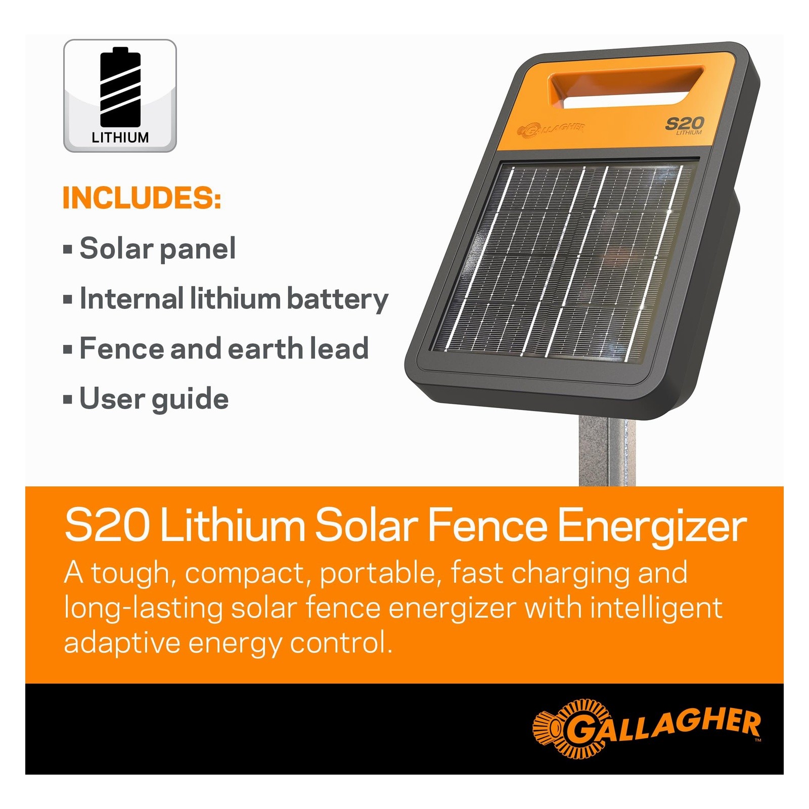 Gallagher S20 Solar Electric Fence Energizer for Livestock & Pets