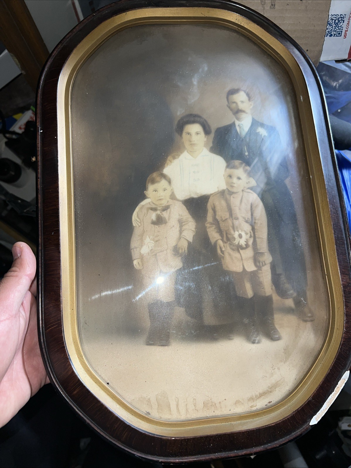 Antique Early 1900s Hand Tinted Family Portrait Photo Convex Bubble Glass Frame Antique Early 1900s Hand Tinted Family Portrait Photo Convex Bubble Glass Frame