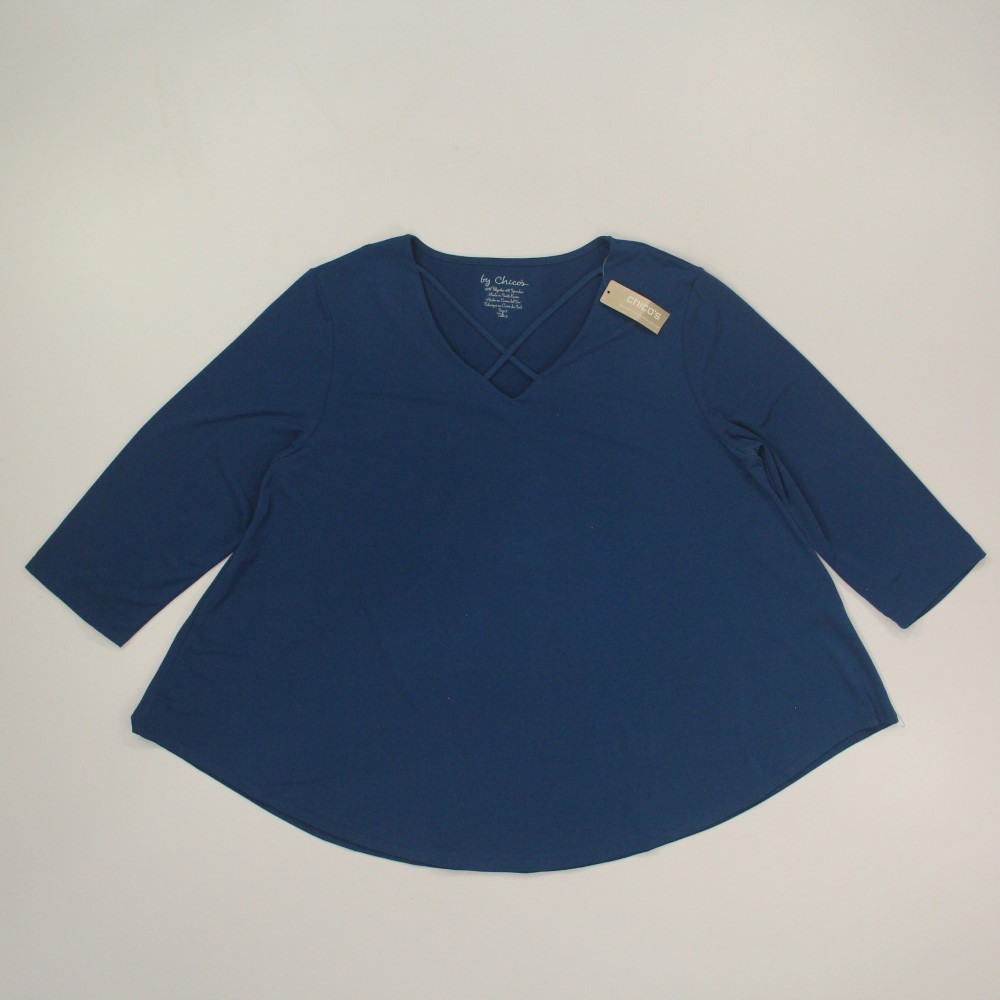 Chicos Women\'s 3/4 Sleeve Cage Top Size 3 (XL) Blue Stretch Tunic NOS