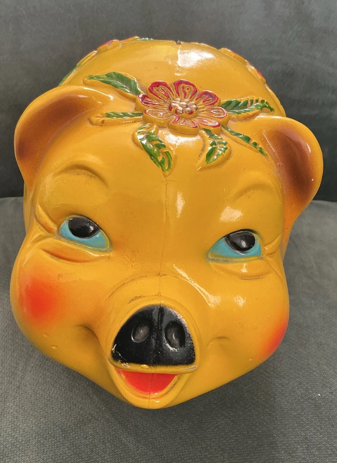 Vintage Silvestri Bros Yellow Piggy Bank Floral Design 10” - No Stopper