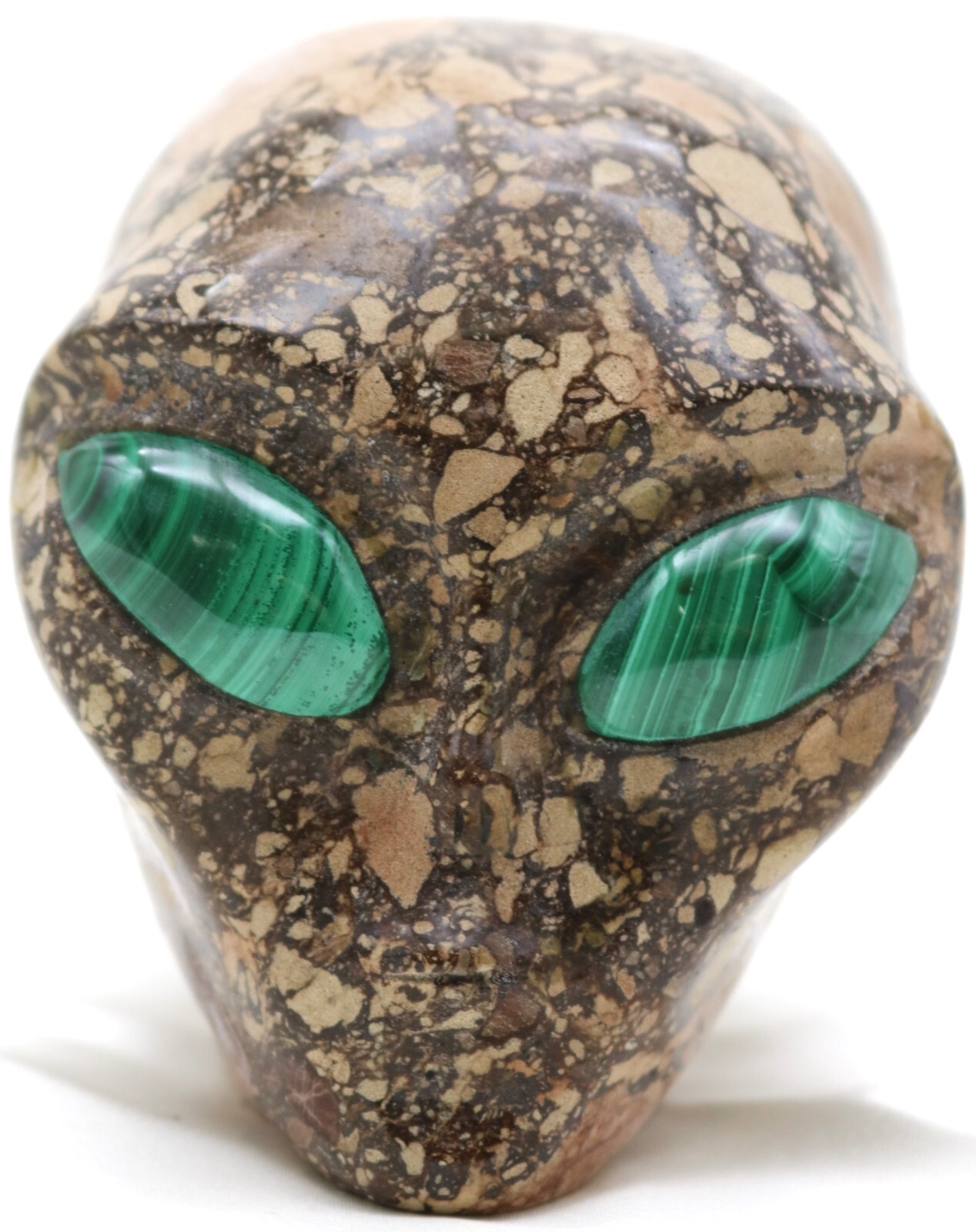 Incredible XL Brecciated CHERT Heavy Alien Head with Gemstone MALACHITE Eyes