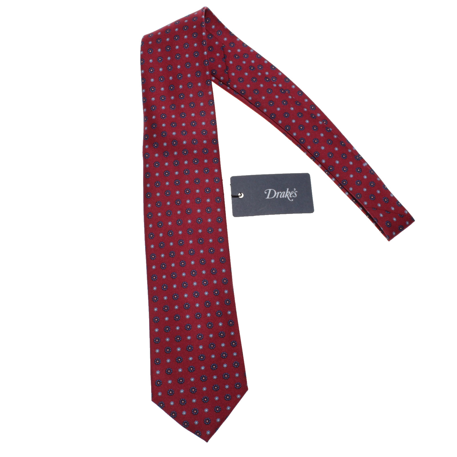 Drake\'s NWT Neck Tie in Red with Blue & White Floral Print 100% Silk