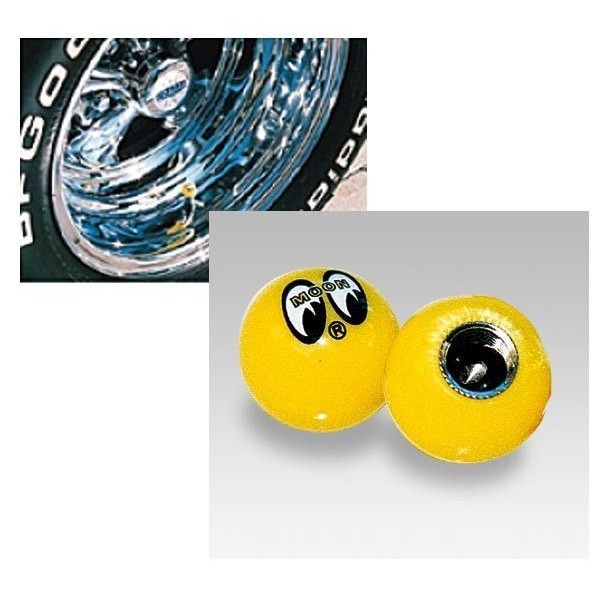 MOONEYES YELLOW VALVE STEM CAPS FOR CUSTOM CARS, MOTORCYCLES OR BICYCLES  (PAIR)