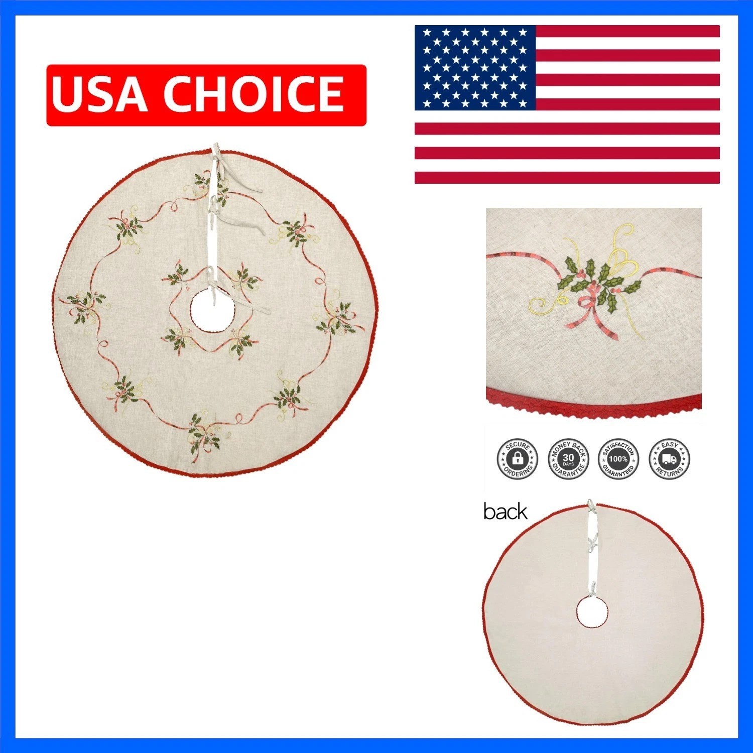 72 Inches Large Embroidered Christmas Holiday Tree Skirt, Double Thickness Ro...