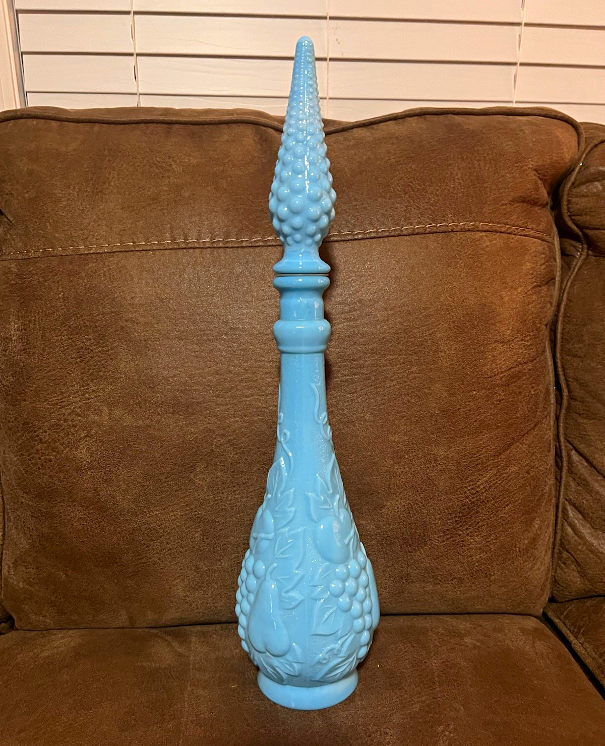 Vintage Blue Milk Glass Fruit Decanter w/ Grape Stopper – 18” Tall – Mid-Century