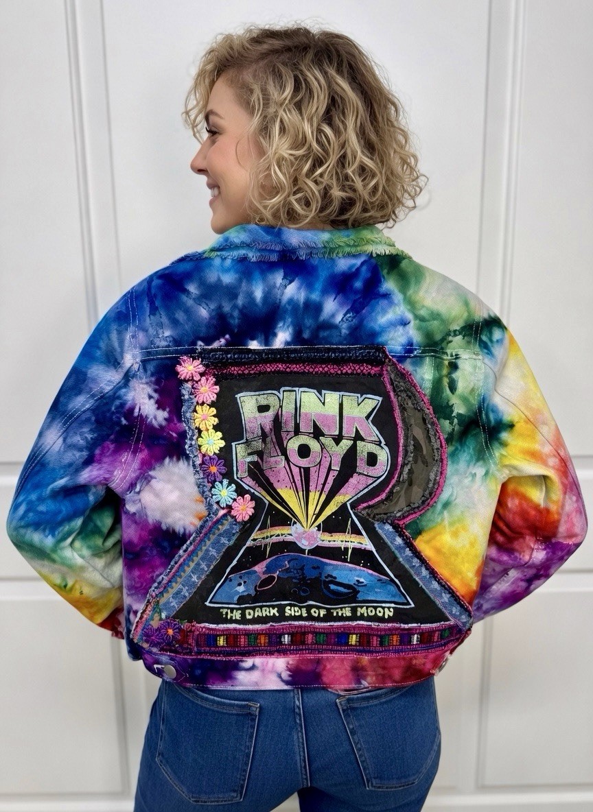 Upcycled Handmade Pink Floyd Tie-Dye Denim Jacket Sz S Boho Hippy Rock Artsy