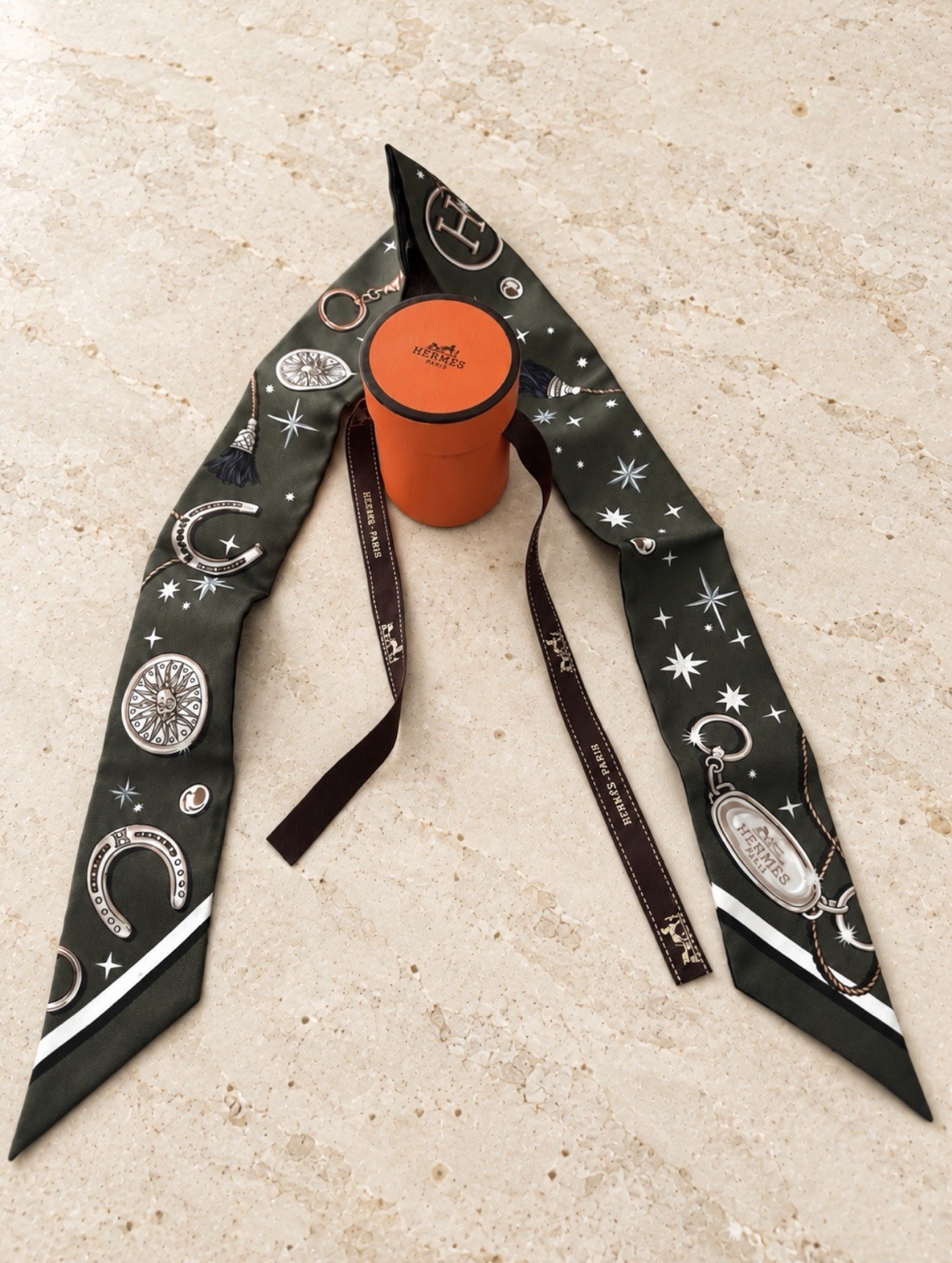 Hermès Double-Sided Twilly Silk Scarf Olive Green Black with Box France