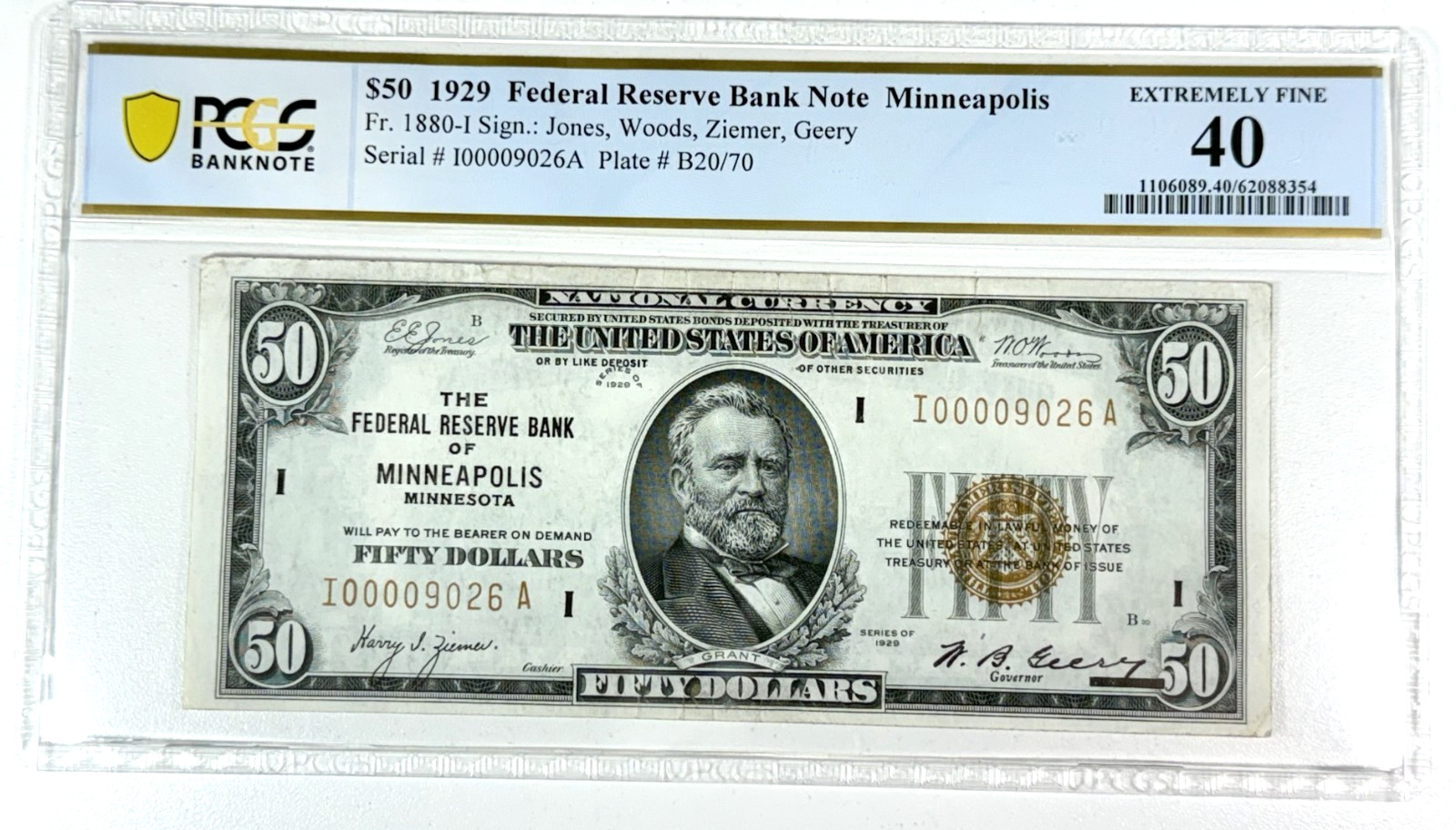 1929 $50 Federal Reserve Bank Note Minneapolis 4 Digit S/N PCGS XF 40 Fr. 1880-I