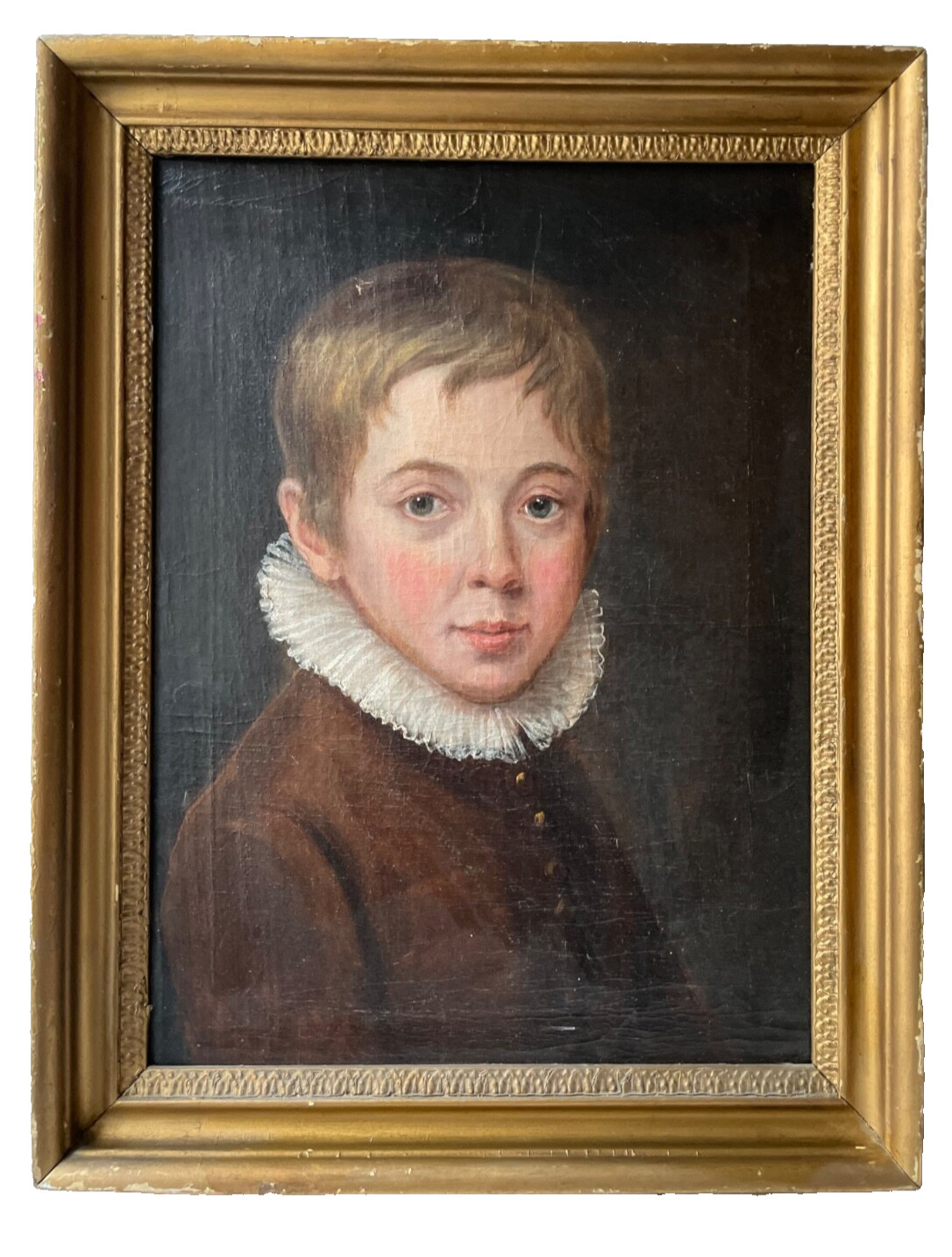 Antique Circa 1800 Oil Portrait Young Boy Ruffled Collar Child Gilt Frame